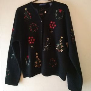 Karen Scott Pure Wool Size L 100% Wool Black Christmas Holiday Cardigan Sweater